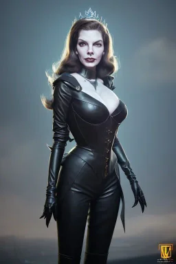 Lauren Bacall as evil queen in black leather, leather, busty, cleavage, angry, stern look. character design by cory loftis, fenghua zhong, ryohei hase, ismail inceoglu and ruan jia. unreal engine 5, artistic lighting, highly detailed, photorealistic, fantasy