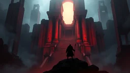 Digital artwork depicting a dark, mysterious, and ancient architectural scene. The layout features towering, weathered stone structures with a reddish hue, illuminated by an eerie, warm light source. The central focus is a grand staircase leading up to a shadowy entrance, surrounded by massive, worn pillars. The atmosphere is dense with fog and dust, adding to the sense of age and abandonment. In the foreground, two silhouetted figures stand on a rocky outcrop, one holding a staff and the other