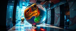 pin hole cam , master oil painting by Rembrandt, volume fog lights in reflective marble madness opera close up on turtle horse character portrait, holding big colorful transparent marble ball, a living bowling marble halls with slightly tilted floor in a twisted block maze, scenery from the game "marble madness", crystal birds, the floor betrays, the walls collide,
