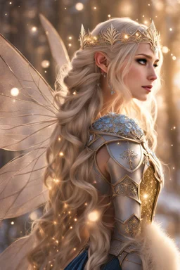 Elven princess,elven crown,long white blonde golden hair,rapunzel hair,ice flowers,beautiful,light blue,dark blue,golden armor,sparkle,glitter,ice flowers,snow,elven ears,dark fairy princess