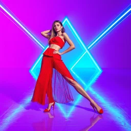Professional fashion photography of a woman in a vibrant red pleated two-piece outfit posing gracefully. She is set within a minimalist futuristic interior dominated by cool blue and purple neon lighting. The glossy metallic floor perfectly reflects the glowing geometric architecture. High-end cinematic lighting with deep shadows and sharp highlights.
