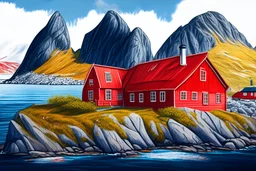 Drawing of the colorful nature of Lofoten Island in Norway, with a characteristic red houses, Ultra Realistic, ultra HD, Very detailed background