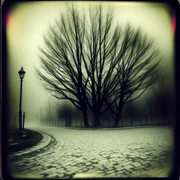 Dark street creepy fog colours strong texture artistic polaroid volumetric light tree nightmare Yves Tanguy