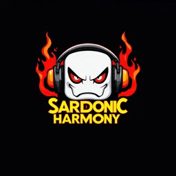 minimalist logo for rock band orange text "SARDONIC HARMONY" in a futuristic robotic font, sinister evil marshmallow head with headphones and red flames, dark negative space, stylish, WTF!