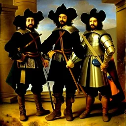 oil portrait of The Three Musketeers and d'artagnan with armor by Rembrandt 8k