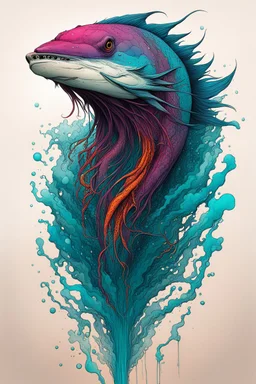 illustration of a Barracuda faced shape shifting female hybrid in the style of Alex Pardee and Jean Giraud Moebius, highly detailed, boldly inked, with soft underwater colors