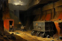 A dark grayish brown underground mine with minecarts designed in Heidrun manuscripts painted by George Inness