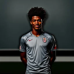 85mm DSLR color photography of a very detailed headshot fitting all of head and hair in frame. 20-year-old American soccer player, with black hair color and with small facial hair and has a brown skin tone and has a small afro and a taper fade with a small smile, grey background