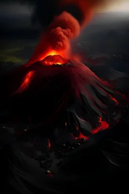Extremely detailed photo (active volcano with lava flowing onto the Pompey-city:1.1), ((night)), tilt shift, super detailed, super realism, (bird's eye view:1.3)