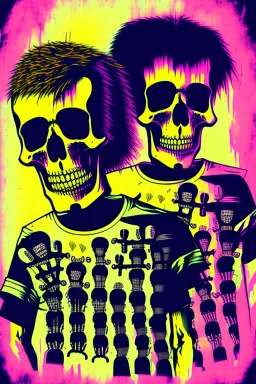 upclose tshirt print of a band,"Mashup" & "Cozy Condition", cool and trendy 90s funk vibe, selective colors, skeleton shadow figures, drums, guitars, fluits, chaotic