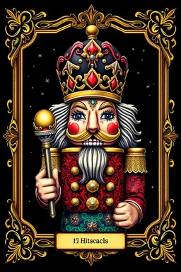 Centered, Ornate, Collectable Trading Card of lisa frank pattern fantasy character portrait of Crisp Digital Art, holiday nutcracker by Aleksi Briclot, T-Shirt Design, Black Background, Detailed Frame, Border, in SNES arcade game, ultra realistic, wide angle, intricate details, retro Nintendo bitmap pixel art, highly detailed by peter mohrbacher, wayne barlowe, , hajime sorayama aaron horkey, gaston bussiere, craig mullins