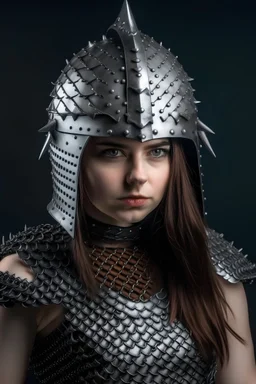 Muscular beautiful girl wearing spiked chainmail armor armor and spiked shill helm standing teasing