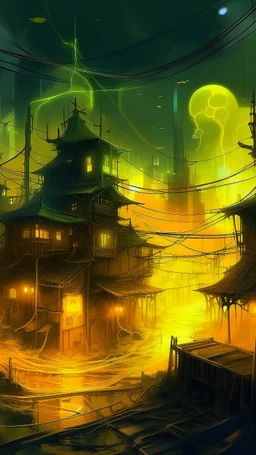 A yellow spooky haunted glowing electrical city painted by Cai Jia