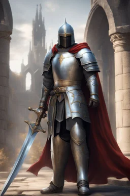 photorealistic holy knight paladin wearing a cape wielding a greatsword temple in the background