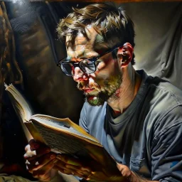 Guy reading, painting, portrait, highly detailed