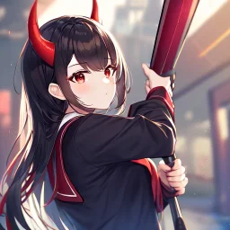 Clear focus,High resolution, Black long hair, Red eyes, Red horns, Wearing a black and red sailor uniform, Swinging a baseball bat, Looking away from the viewer