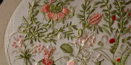 exquisite whimsical garden in embroidery, intricate, highly detailed, linen and wood backdrop