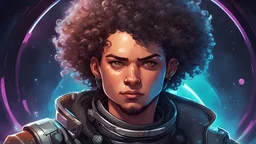 Personnage de science-fiction de haute qualité Portrait d'un pirate de l'espace aux cheveux bouclés. Illustré dans le style de Disney et cyberpunk