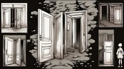 unhinged door, anime, monochrome, black background, ink, simple, maximum quality, broken hinge, barely functioning, why is it still being used it's a health hazard