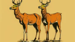 a simple comedic illustration of 2 deer, a female deer on the left with body facing left but is looking back to the right, while on the right is a male deer facing left with a look of mild excitement while he glancing at the other's butt, both have upward tails