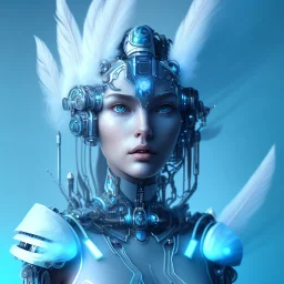 A beautiful portrait of a cute cyborg woman blue color scheme, high key lighting, volumetric light high details with white stripes and feathers and indian paterns and wimgs