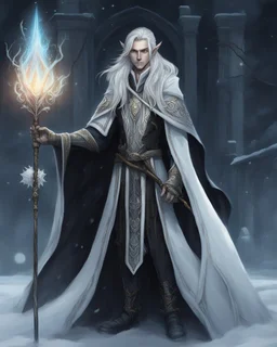 a young High Elf frost Wizard with long wiry hair, wearing a black trimmed white nobleman's robe and frost ornaments on clothes, holding an ornate wizard's staff.