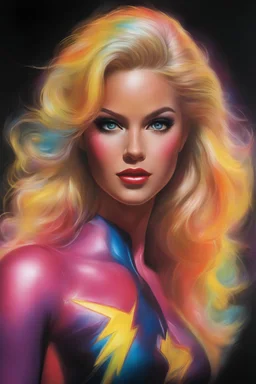 Barbie Allen aka The Flash, multicolored, atmospheric, beautiful, bright, vibrant colors, multicolored lightning, pitch-black background, oil painting by Boris Vallejo, 4k UHD, Photorealistic, professional quality