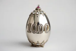 a silver egg in the style of Alma Pihl – that says 100 on it decorated in gems glorious beautiful