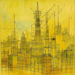 A light yellow metropolis with electrical towers painted by Paul Klee