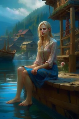 open shirt portrait of alluring fantasy (curve american woman-ex cam mode sitting on the river dockl))) (wearing simple short dress) in photorealistic quality in magical environment, (blonde features) ; highly stylized face and tail portrait fantastically intricate detailed extremely complex art masterpiece by Thomas Kinkade by Ismail Inceoglu trending on Instagram HARDWARE Photographic Art Direction WLOP 5 realistic body centered, beautiful face