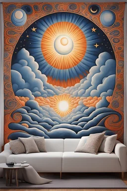 human meditating tufting tapestry, sun and moon background, aboriginal psychedelic art, and the parallel dimensions, painted by rene Magritte, , stars and clouds , dream dimension