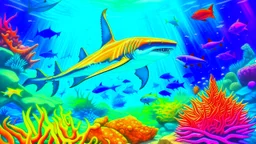 realistic coloring, underwater, coral reef, shark