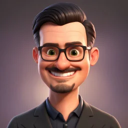 a portrait of smiling western man. caricature. black short hair. light skin. black eye pupils. rectangle eyeglasses, black frame. oval face shape. thick black goatee and moustache. wear black formal dress. pixar style. 3D. 4k. portrait. highly detailed. sharp focus. high resolution. full color. cinema lighting