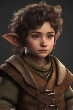 dnd character art of a hobbit halfling rogue. mature face, high resolution cgi, short ears , small ears, unreal engine 6, high detail, intricate, cinematic.