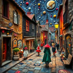 Photograph hasselblad h6d400c --ar 85:128 --v 6.0 of a fairy old bewitched street, people, made of felt art, tiltshift, 3d deep field, galaxies and planets, needlepoint, Joan Miró, odd, abstract, expressionist style, colorful