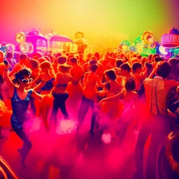 Ultra Realistic photo, medium shot view, drunken dancer sexy women, carnival scene, retro steampunk. confeti, Sunglasses, smoking, happy, festival, red fog. highly detailed, concept art, unreal engine 5, ray tracing, RTX, lumen lighting, ultra detail, volumetric lighting, 3d, finely drawn, high definition, high resolution.