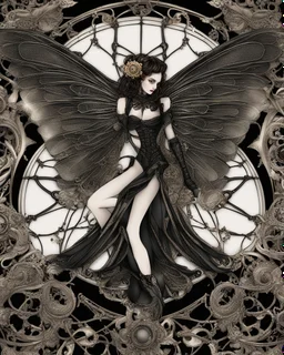 gothic, steampunk delicate metal woman, dragonfly, wings, black background