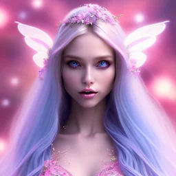 beautiful, soft, big smile face, whole head, long straight blonde hair blues eyes, crown on the head, clothing in transparent bluish and pink veil,fairy wings on the back, background brillante bluish and pink, hight definition, 8K