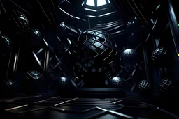 architectural illustration of a hyper crazy aluminum diorama art of the matte black ball squares circles triangles glowing lines motion blur depth of field dark metallic colors light from the top and back hyper shadows octane render