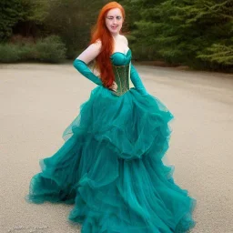 Art of a princess with long auburn hair in a big teal green and gold satin ballgown corset off shoulder top and long white gloves dancing