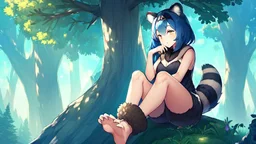 Girl, blue hair, raccoon ears, raccoon tail, raccoon face, forest, sit on tree, raccoon paws on hand, paws on foot