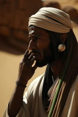 A picture of a Muslim man, dark-skinned, calling the Islamic call to prayer in the desert