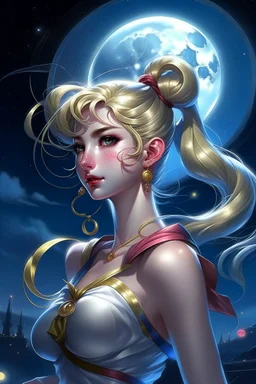 Create a stunning, full body, photorealistic illustration of Sailor Moon's transformation sequence, highlighting her evolution into a beautiful and powerful woman. Ensure that the details, colors, and lighting capture the essence of her character and the magic of the transformation