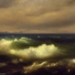 George Inness, painting, ocean, waves, lightning, photo realistic, 8k,