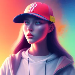 a girl wearing a baseball cap holding a small boombox in her hand, full shot. paint splashes, outrun, vaporware, shaded flat illustration, digital art, trending on artstation, highly detailed, fine detail, intricate