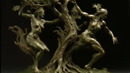 Three female figures intertwined and emerging from a large, gnarled, dark-green tree trunk. The figures possess muscular physiques, strong poses, and flowing, dark brown hair, seemingly part of the tree's growth. They are positioned in dynamic poses, their arms outstretched, as if suspended or dancing amidst the branches. Skin tones are varied and warm, blending with the surrounding foliage. A muted, yellowish-green and dark-brown color palette surrounds the figures, creating a sense of myst