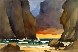 Night, rocks, cliffs, sci-fi, distant mountains, sea, waves, sand, seashore, epic, fantasy, winslow homer watercolor paintings