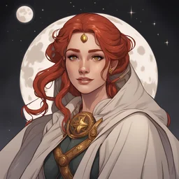 dungeons & dragons; portrait; young; female; lunar princess; red hair; bright gold eyes; cloak; dark flowing robes; stars and moon; moon light; moonstone; freckles; smile; veil; circle halo background;