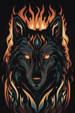 Captivating minimalist illustration of cosmic wolf, made up of intricately intertwined black flames. Her intense, bright eyes draw the viewer into her mesmerizing gaze, the pulsing energy of each flame creating a euphoric symphony within the heart. Dark background,the bright striped tail adds depth and dimension to the scene,evoking a feeling of dark fantasy, intriguing and mysterious aura. Vector pop art cinematic piece masterfully combines light and shadow, leaving the viewer in awe.Full body