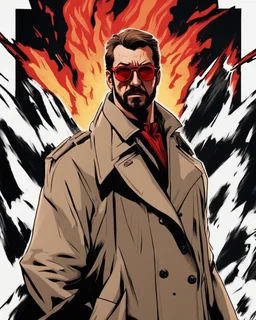 a young man with big muscles who looks like hans gruber wearing a trench coat and red sunglasses staring with an irritated look on his face standing in front of a fire